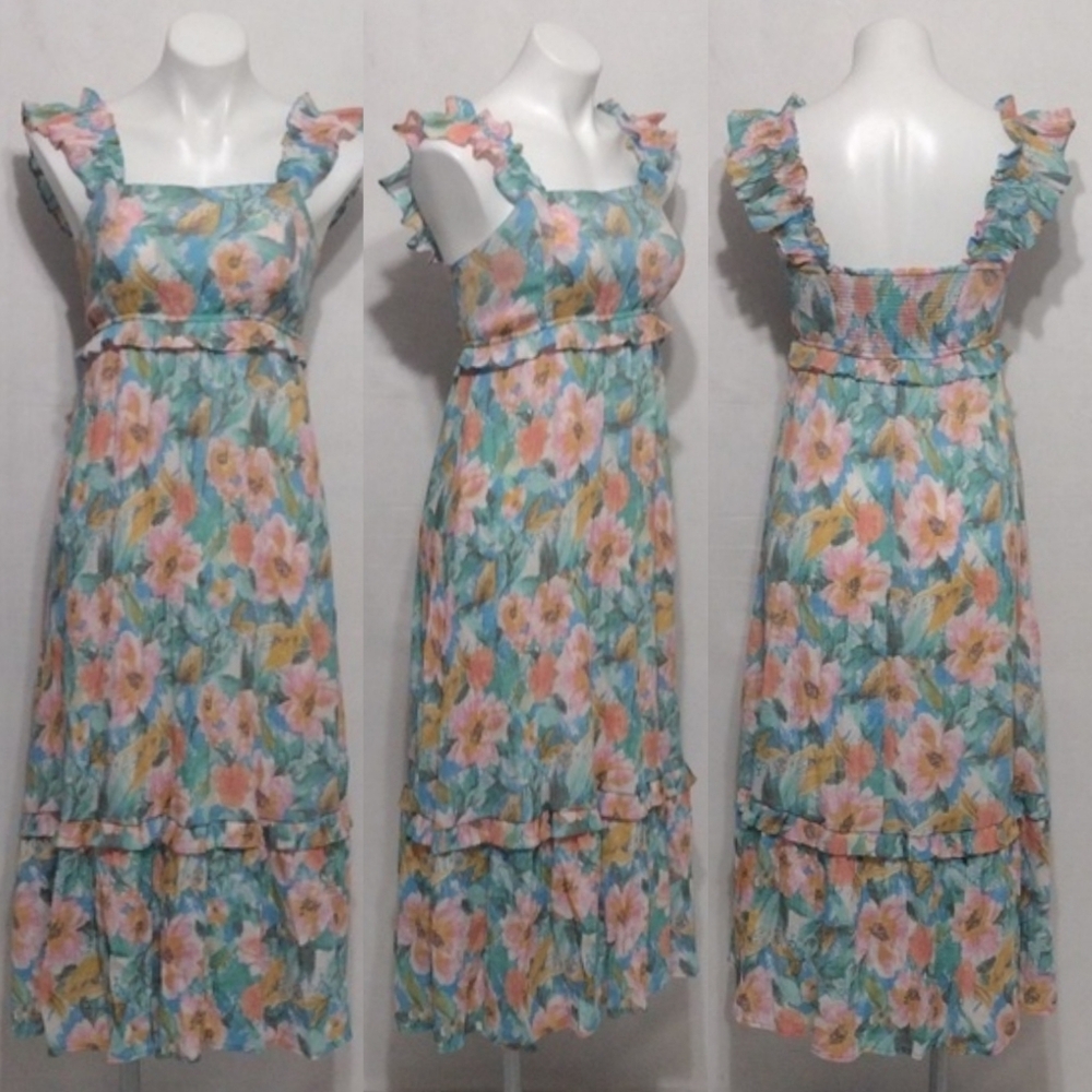 Leela & Lavender Small Pastel Floral Ruffle Midi Dress A-Line Boho Cottagecore